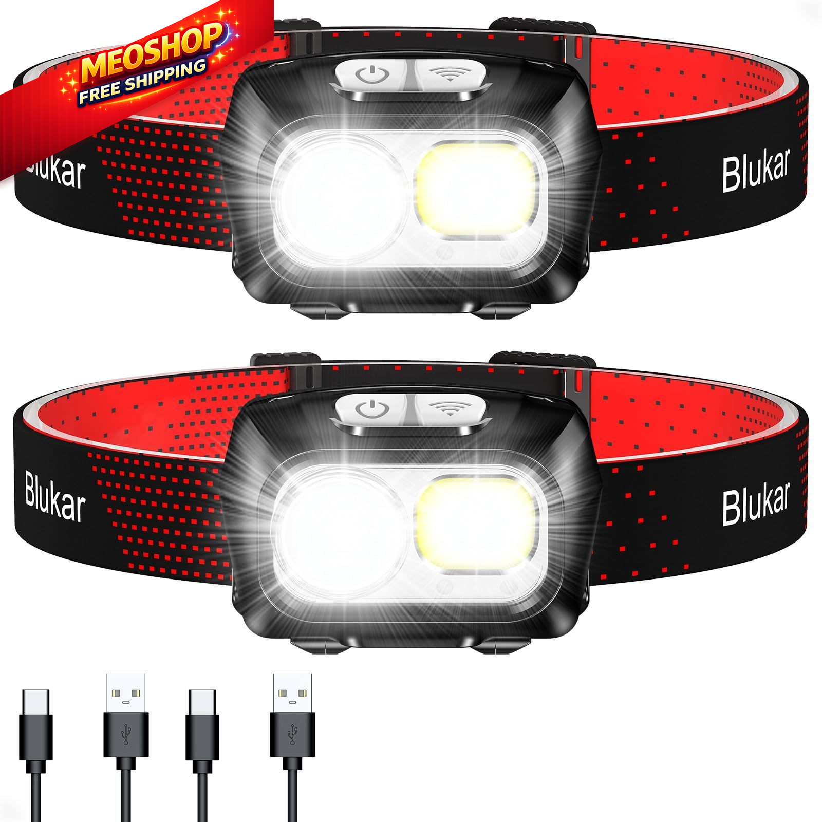 Blukar LED Headlamp Rechargeable,2000L Super Bright Headlight 2 Pack, Black