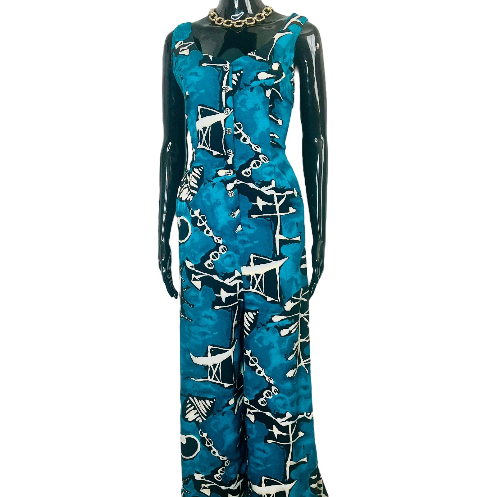 Vintage Turquoise Wide Leg Abstract Print Romper