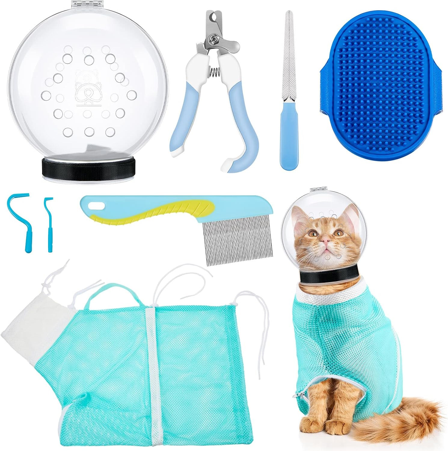8 Pcs Cat Muzzle Set with Adjustable Cat Bathing Bag, Breathable Muzzle Pet for