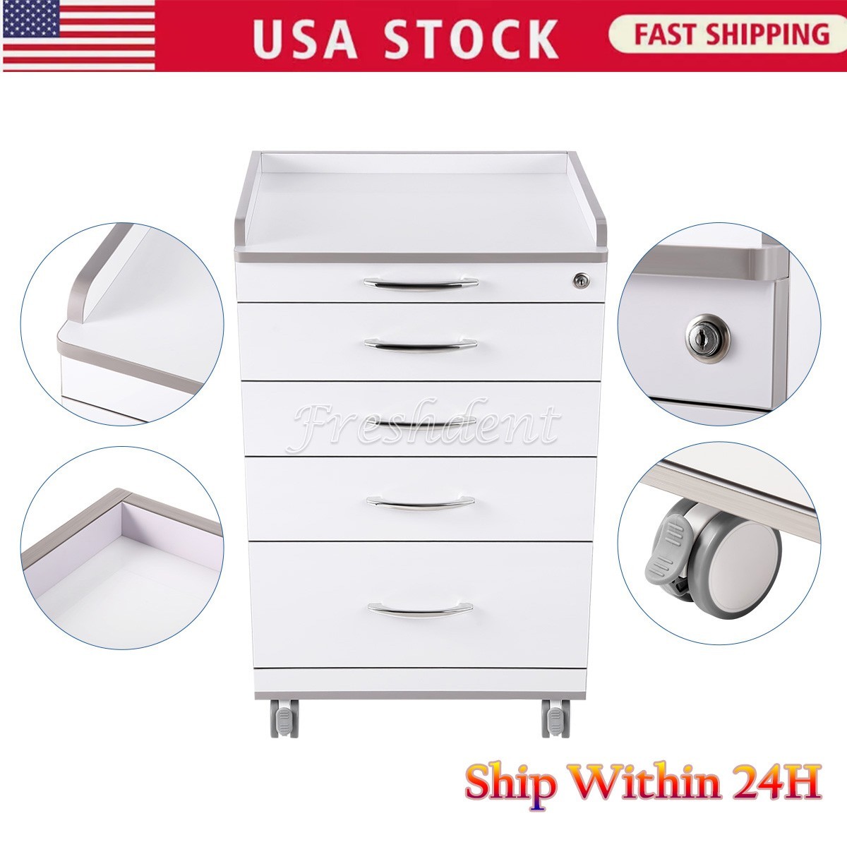 4 Drawers Dental Medical Trolley Carts Mobile Cart Instrument With 360° wheels