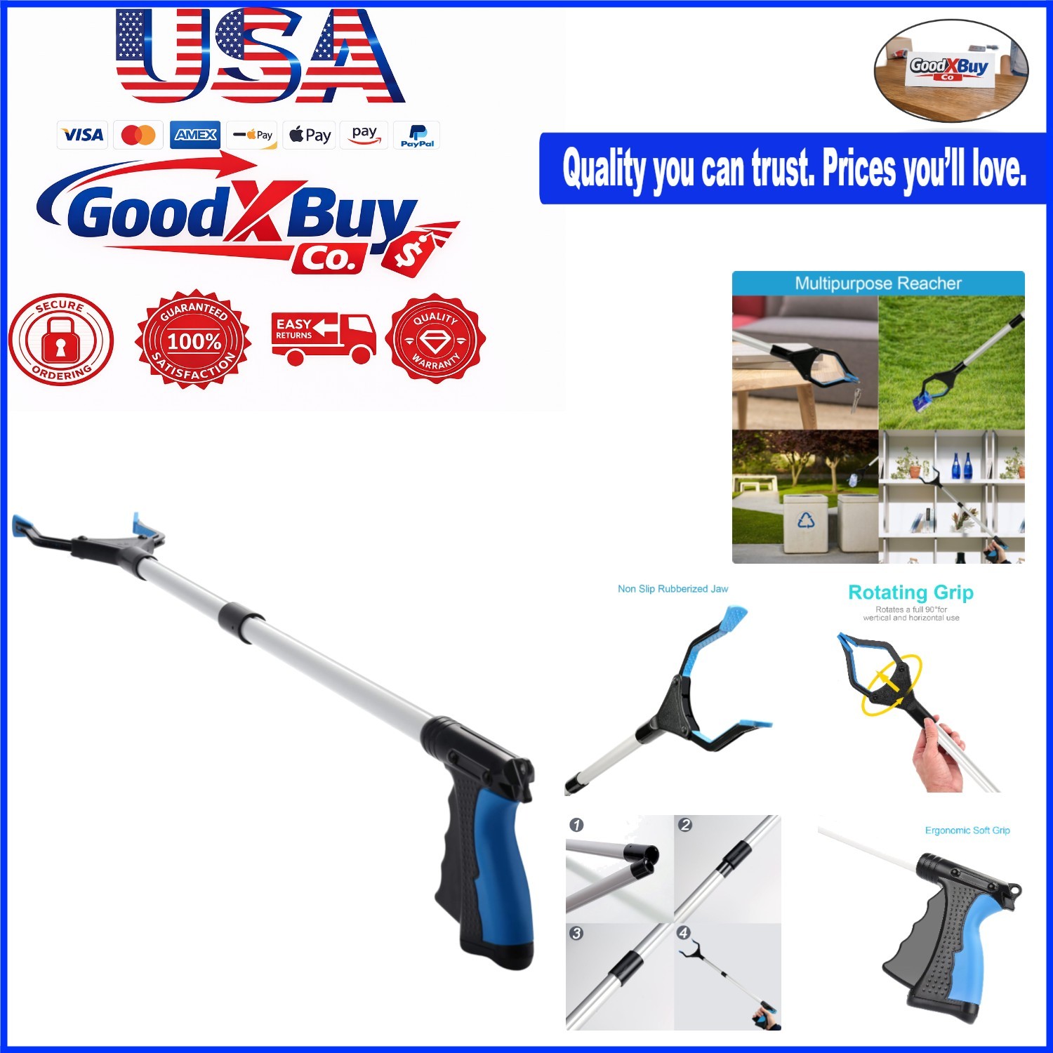 32in LightweighL Reacher Grabber Tool for Elderly Blue Folding Trash Picker C...