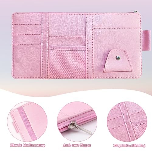 Sun Visor Organizer (Pink),Car Visor Storage Holder for Sunglasses, Documents,