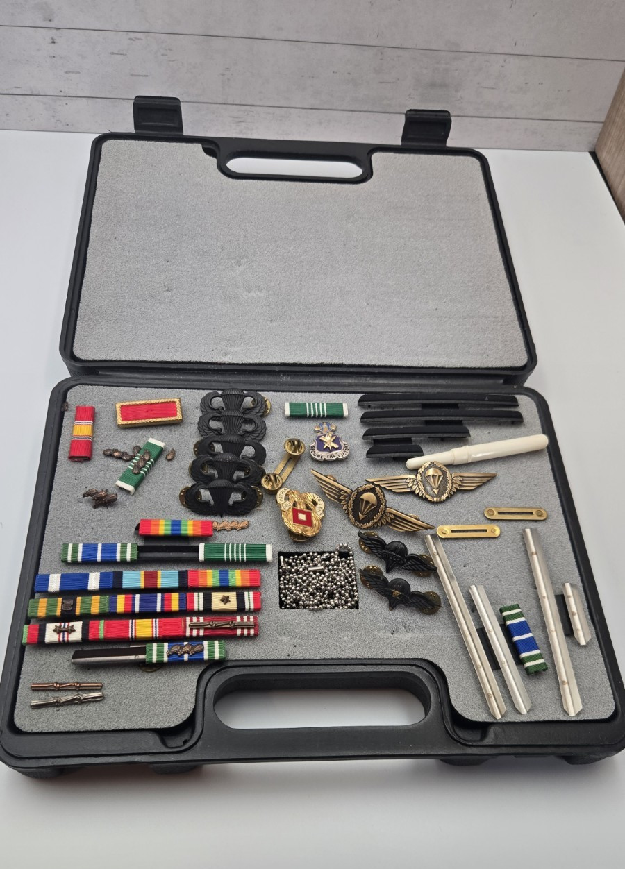 US Army Airborne Paratrooper Insignia Lot Pins Ribbons Patches Case Military pc