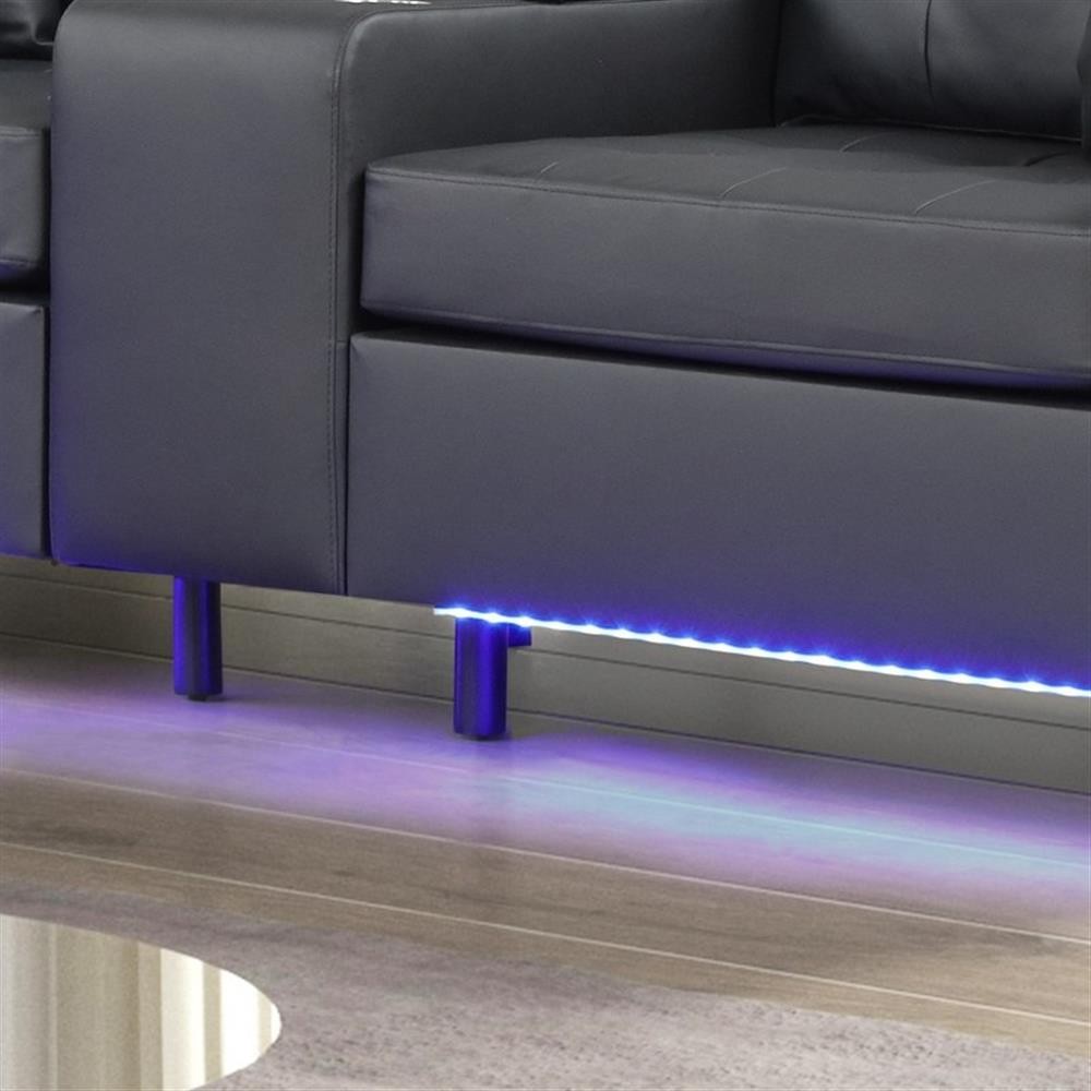 Genesis 55.5"W Black PVC Fabric Loveseat with LED Lights+USB+Tufted Cushions