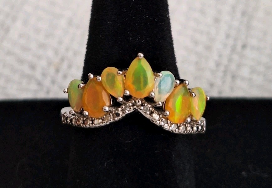 Ethiopian Marquise Cut Opal Ring Chevron Shape Rhodium Over Sterling 1.06 CTW