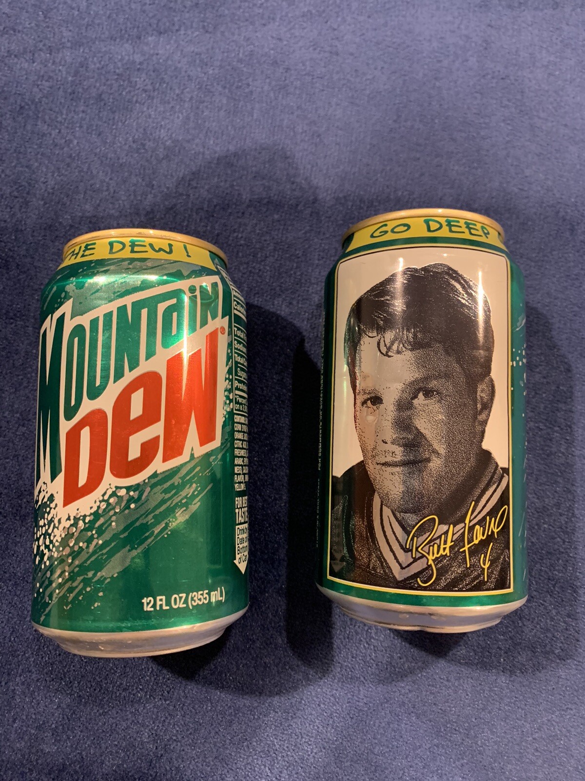 (2) BRETT FAVRE Mountain Dew Cans - GO DEEP 4 THE DEW! ￼