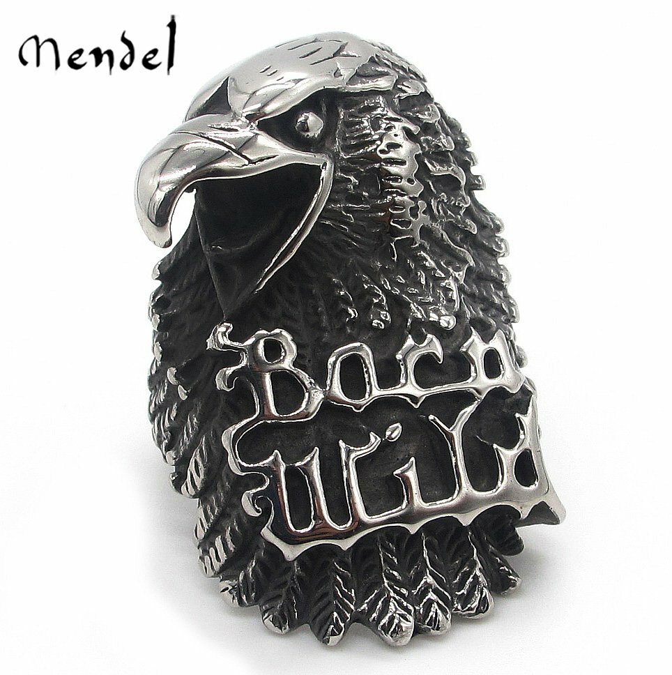 MENDEL Mens Motorcycle Biker Hawk Eagle Ring Born Wild Stainless Steel Size 8-13