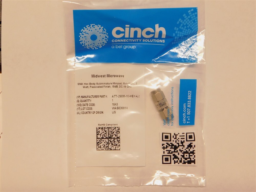 Midwest Microwave ATT-0290M-10-HEX-02 10dB DC-18GHz Minipad M/M Attenuator