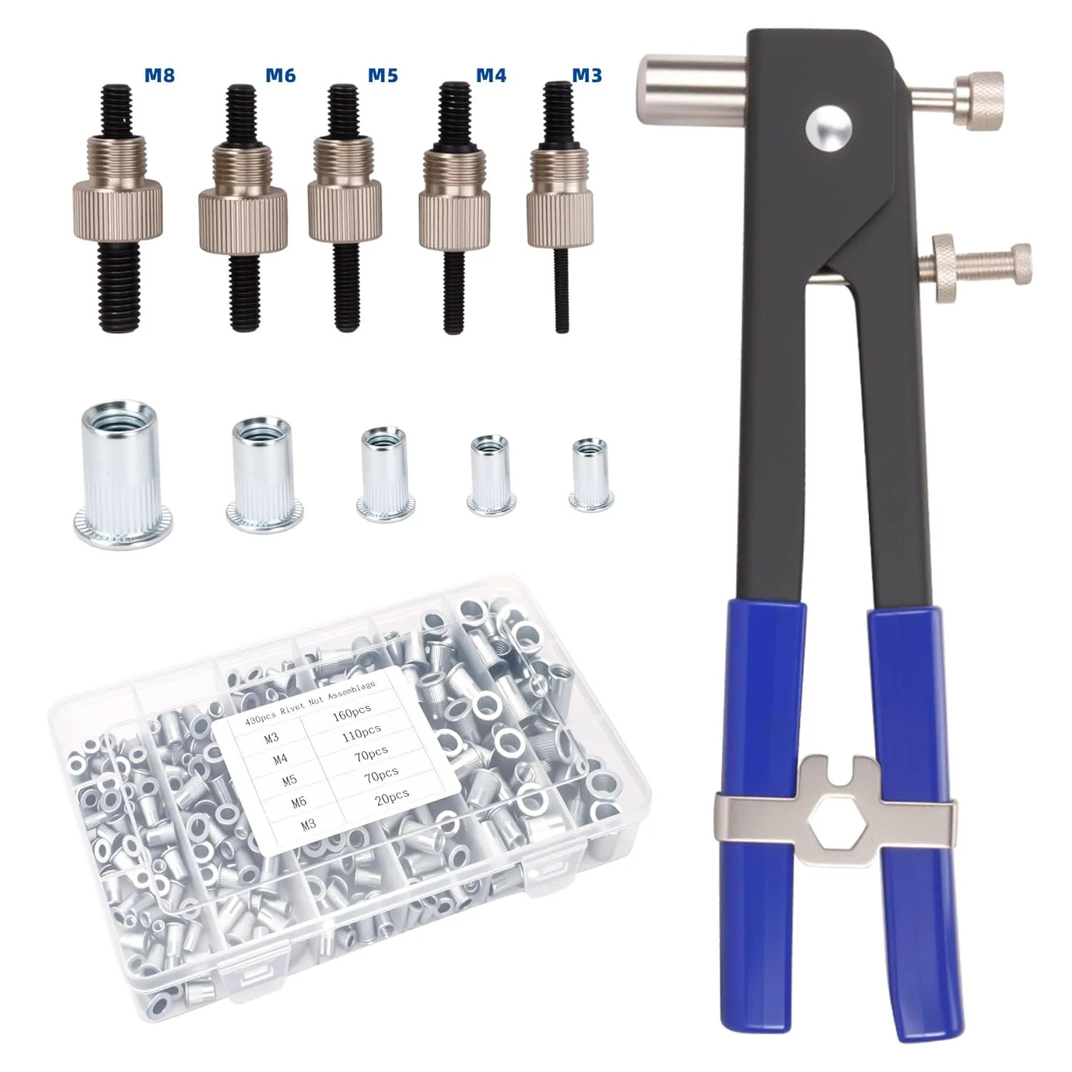 430Pcs Metric Rivet Nut Tool Kit M3 M4 M5 M6 M8 Carbon Steel Hand Riveters Set
