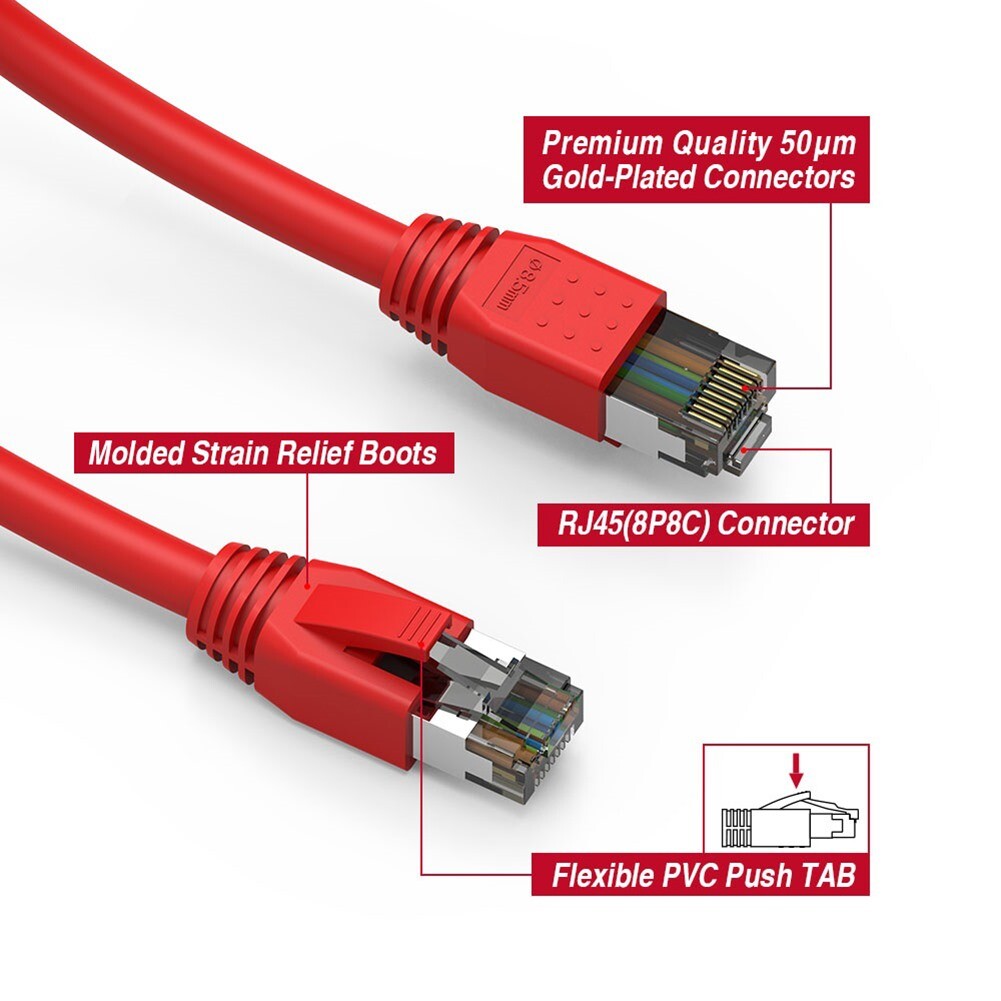 3FT CAT8 RJ45 Network LAN Ethernet Patch Cable S/FTP 2GHz 40Gbps Copper Wire Red