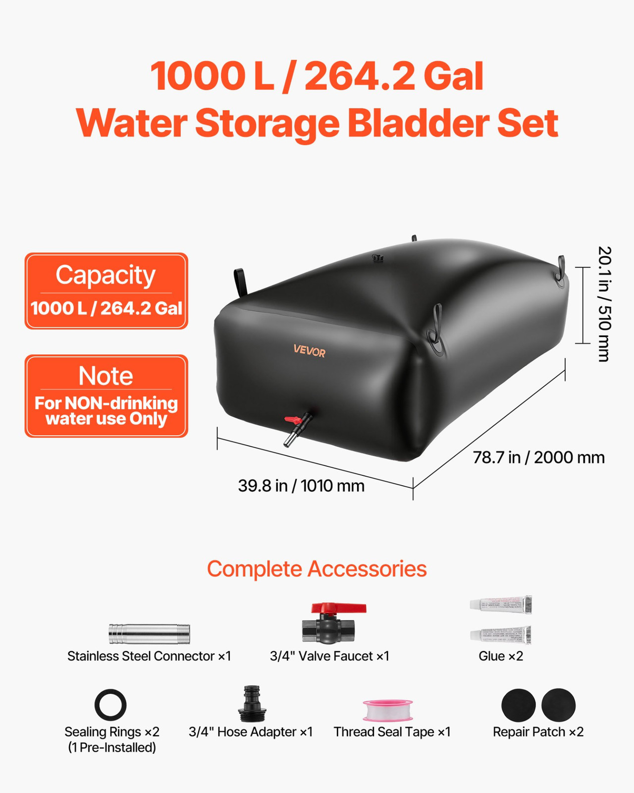 VEVOR 264 Gal Water Storage Bladder, 1000D PVC Collapsible Tank for RV & Camping