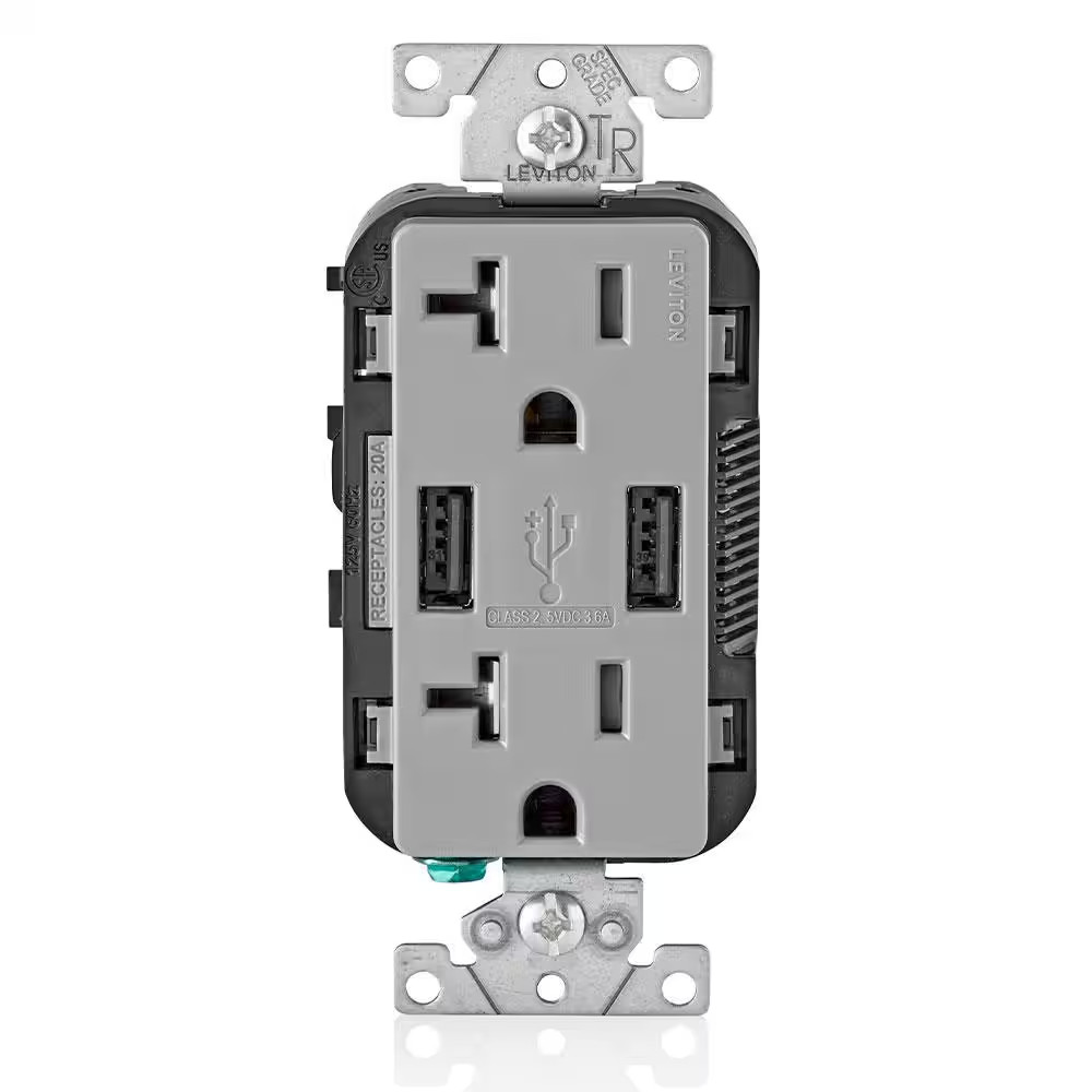 Decora 20 Amp Tamper Resistant Duplex Outlet and 3.6 Amp USB Outlet, Gray T5832-