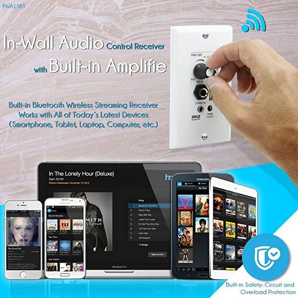 Pyle Wireless Wall Mount 100W In-Wall Audio Receiver, White​
