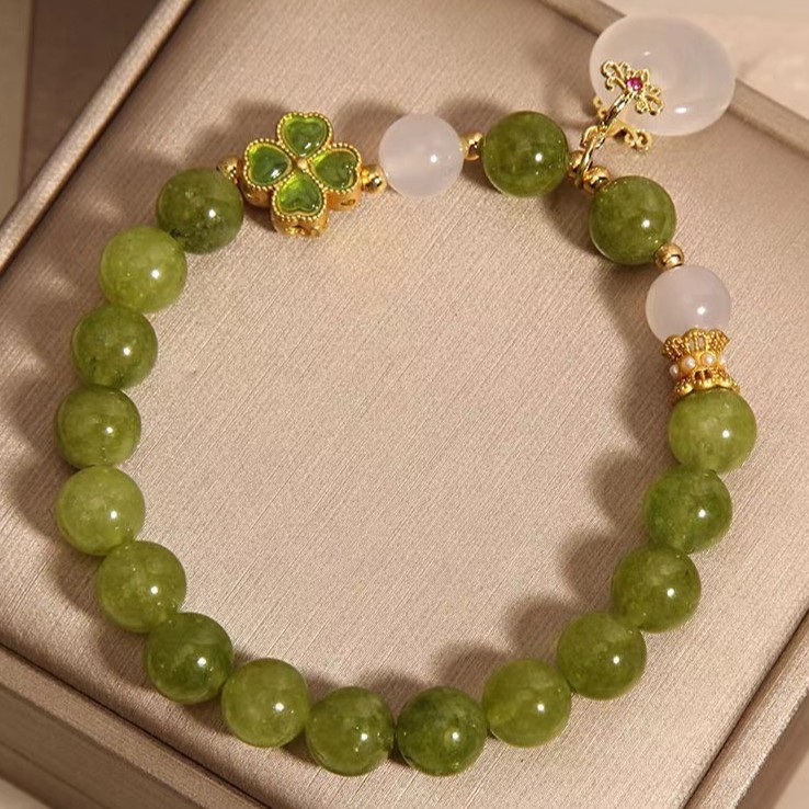 Natural Green Tourmaline Four-leaf Clover Peace Buckle Bracelet for Women New