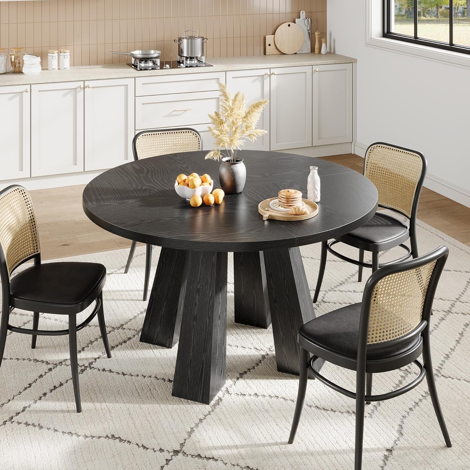 47" Round Dining Table 4-6 Wood Kitchen Table W/ Sturdy Base Farmhouse Circle