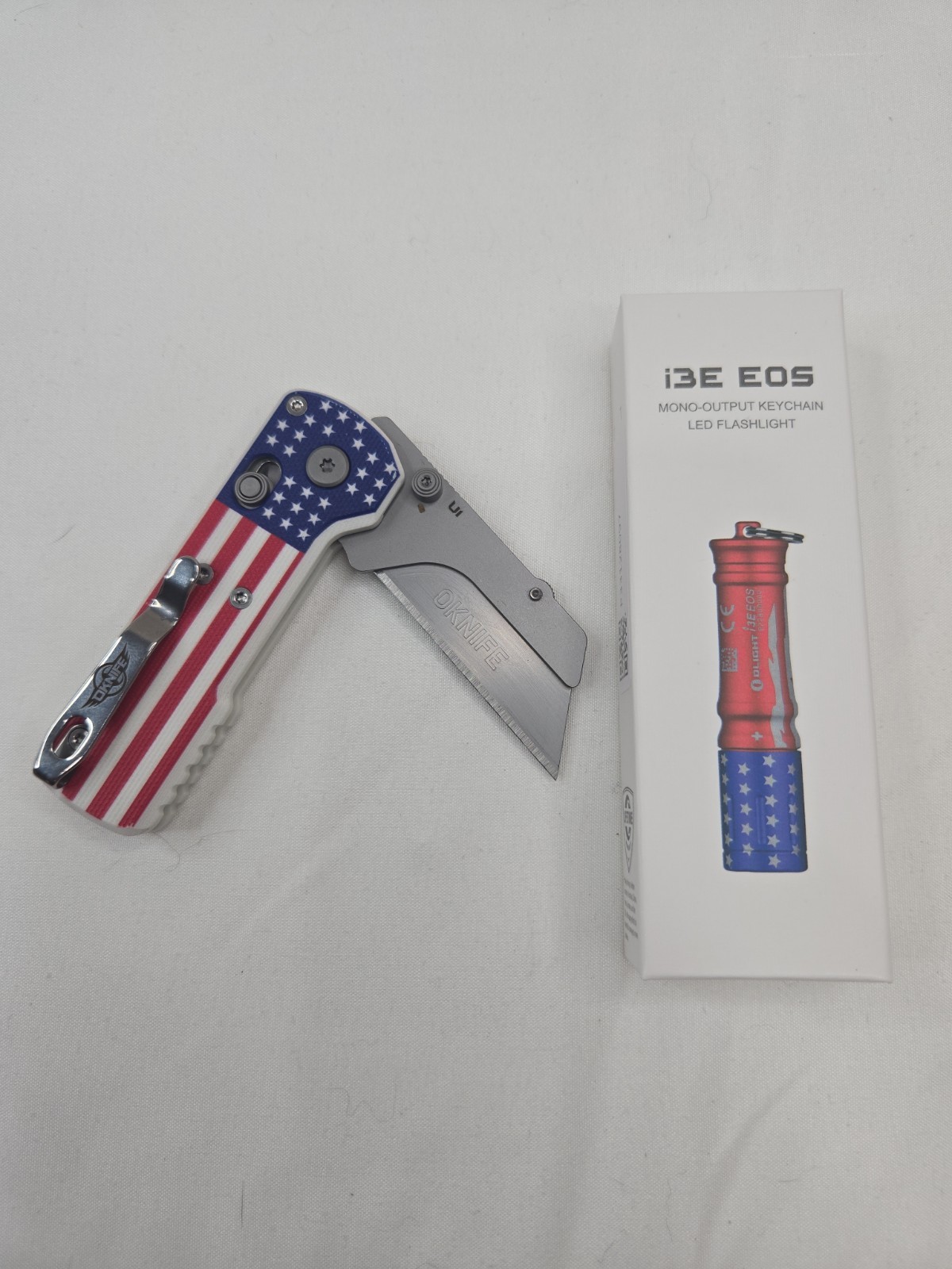 Olight OKNIFE U1 S&S Folding Utility Knife & I3E Stars&Stripes Flashlight Lot