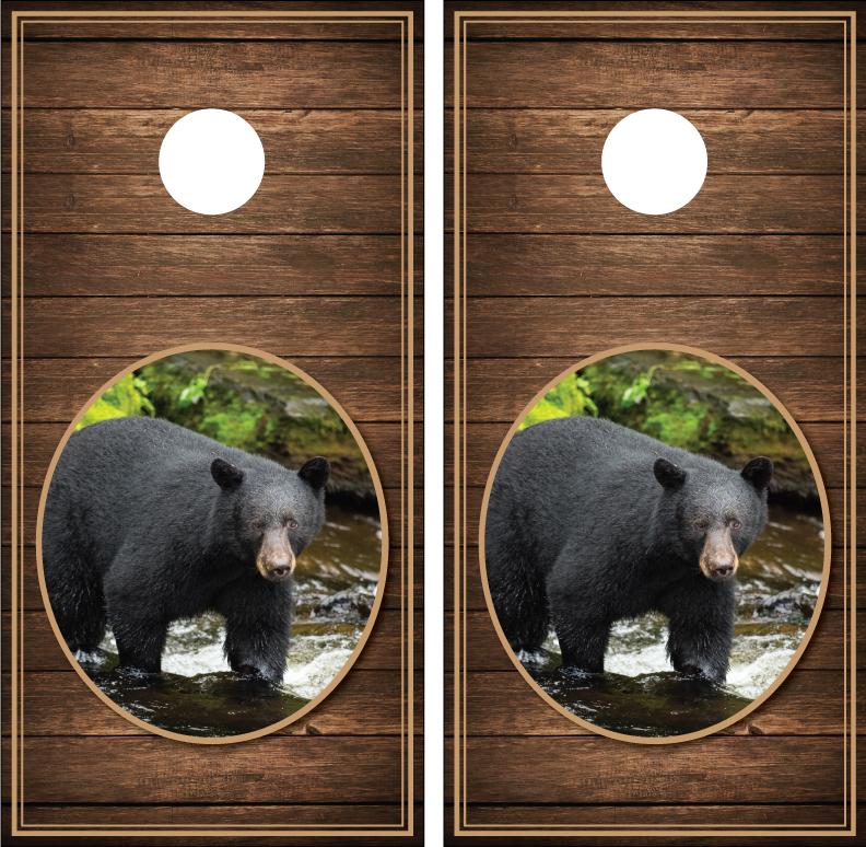 Black Bear Wood Background Cornhole Board Decal Wrap Wraps