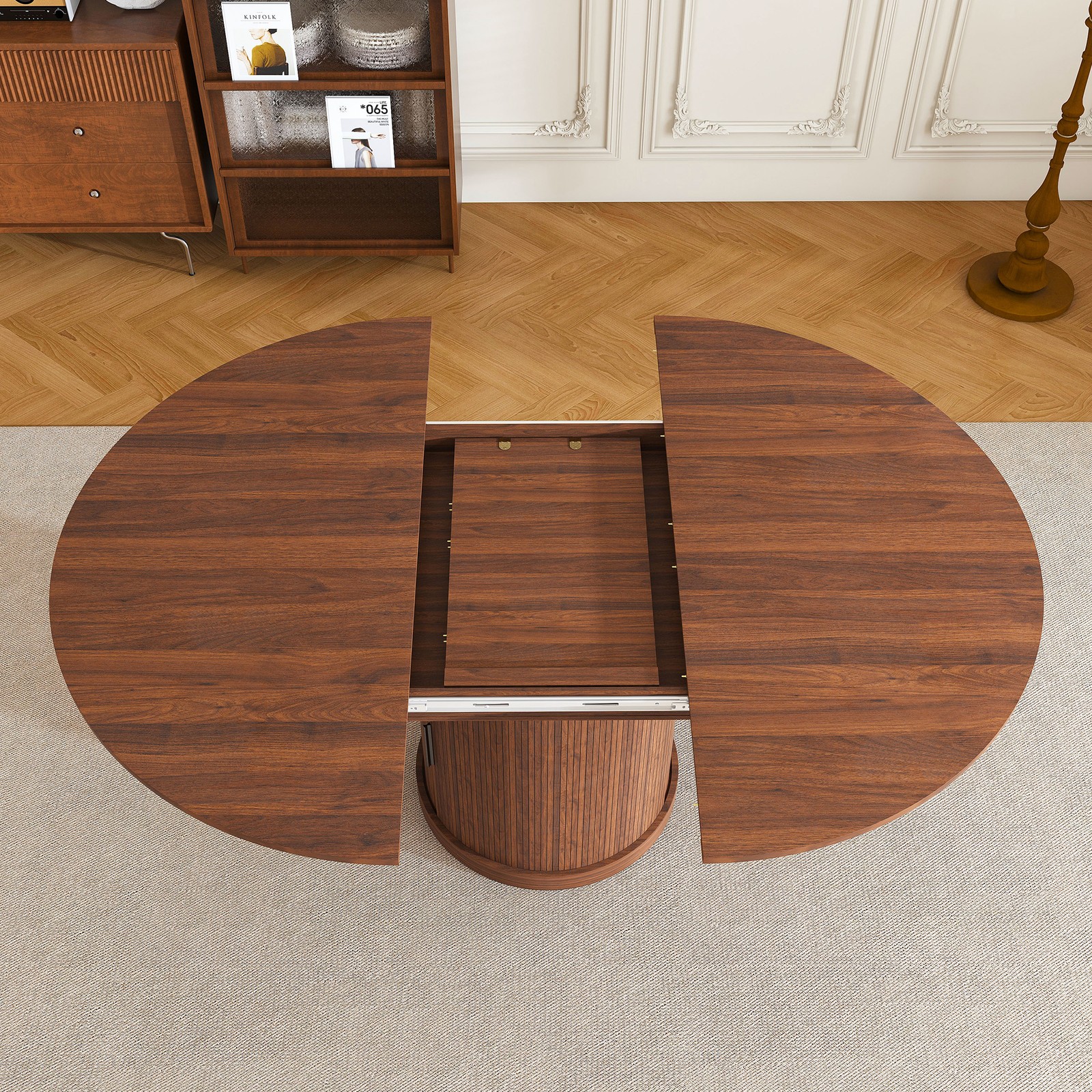 59" Extendable Oval Dining Table with 2-Tier Storage for 4-6, Space Saving Exp