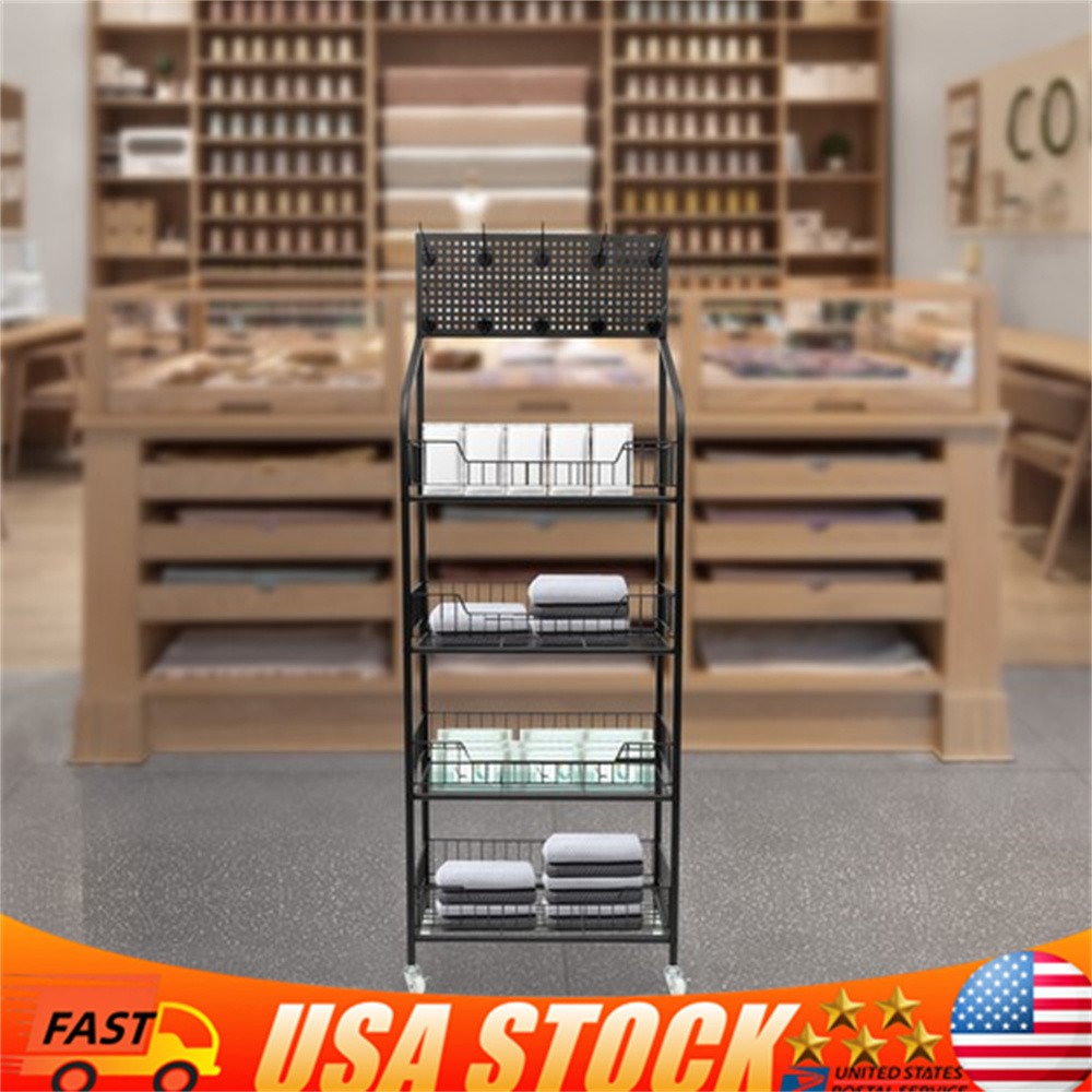 4 Tiers Retail Shop Display Rack Market Shelf Fruit Vegetable Snack Basket Black