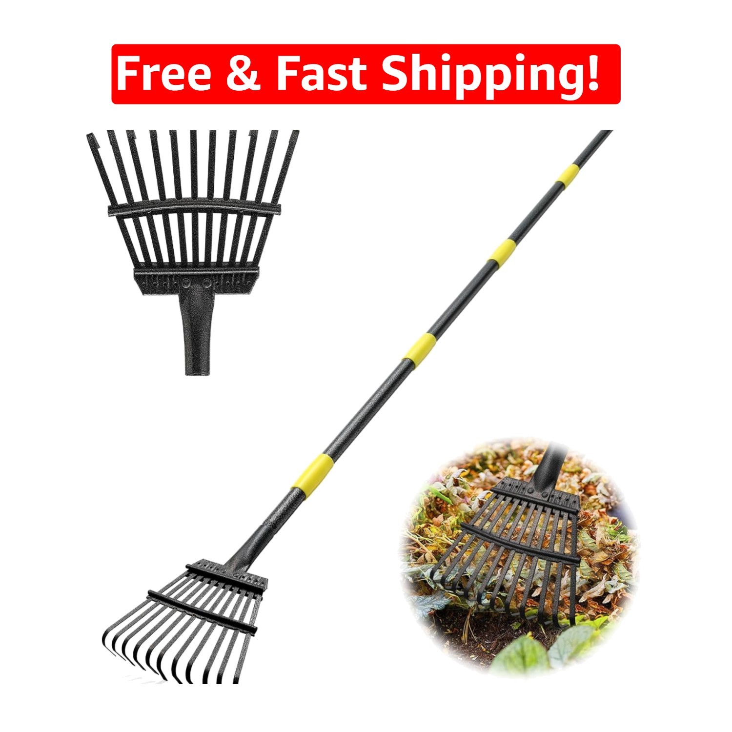 Heavy-Duty Leaf Rake with Adjustable 6ft Handle - 8.5