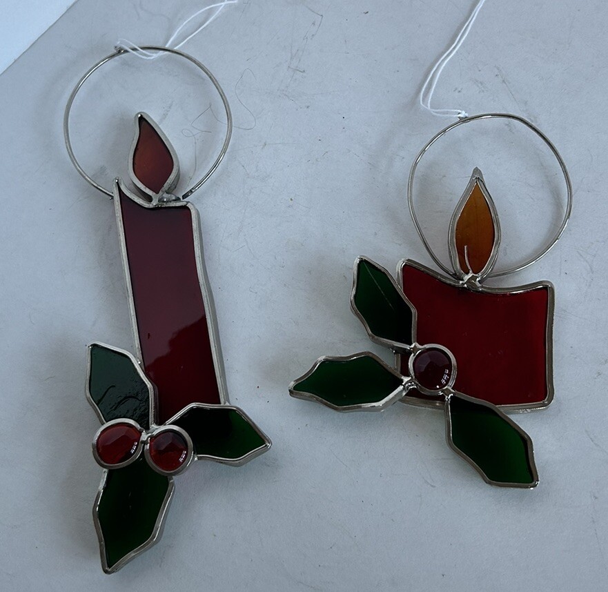 2 Red Stained Glass Christmas Candle Holly Window Sun Catchers