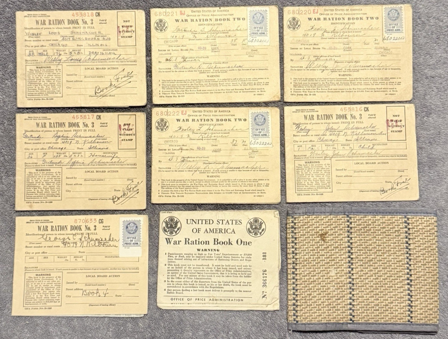 WWII OPA War Ration Books Lot of 8 w/ Woven Holder & Photo – Chicago