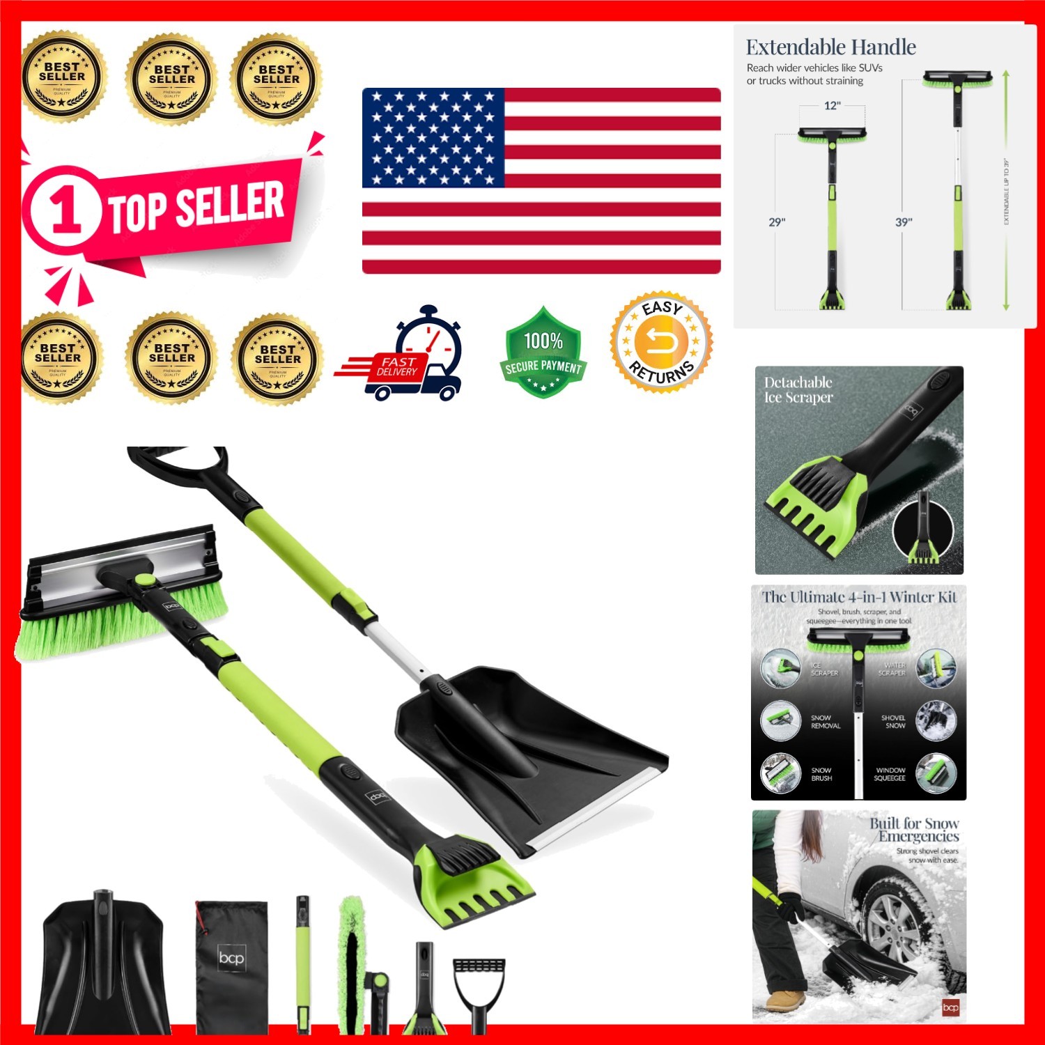 4 in 1 Snow Brush with Shovel, Squeegee & Ice Scraper, Up to 39" Extendable F...