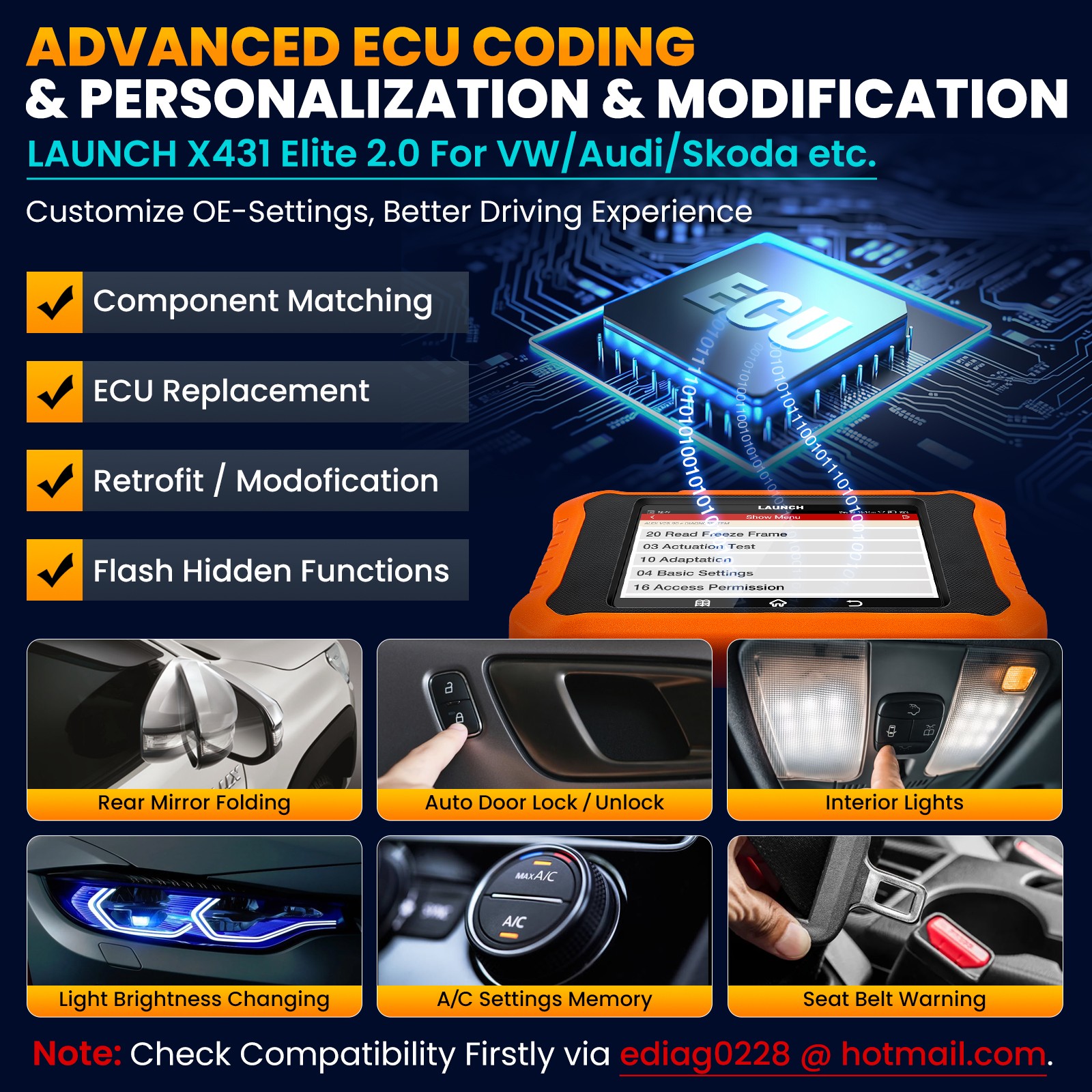 LAUNCH Creader Elite 2.0 for VW Audi Car OBD2 Scanner Diagnostic Key Programming