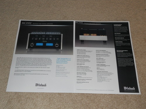 McIntosh MC2102 Tube Amplifier Brochure, 2 pg, Specs