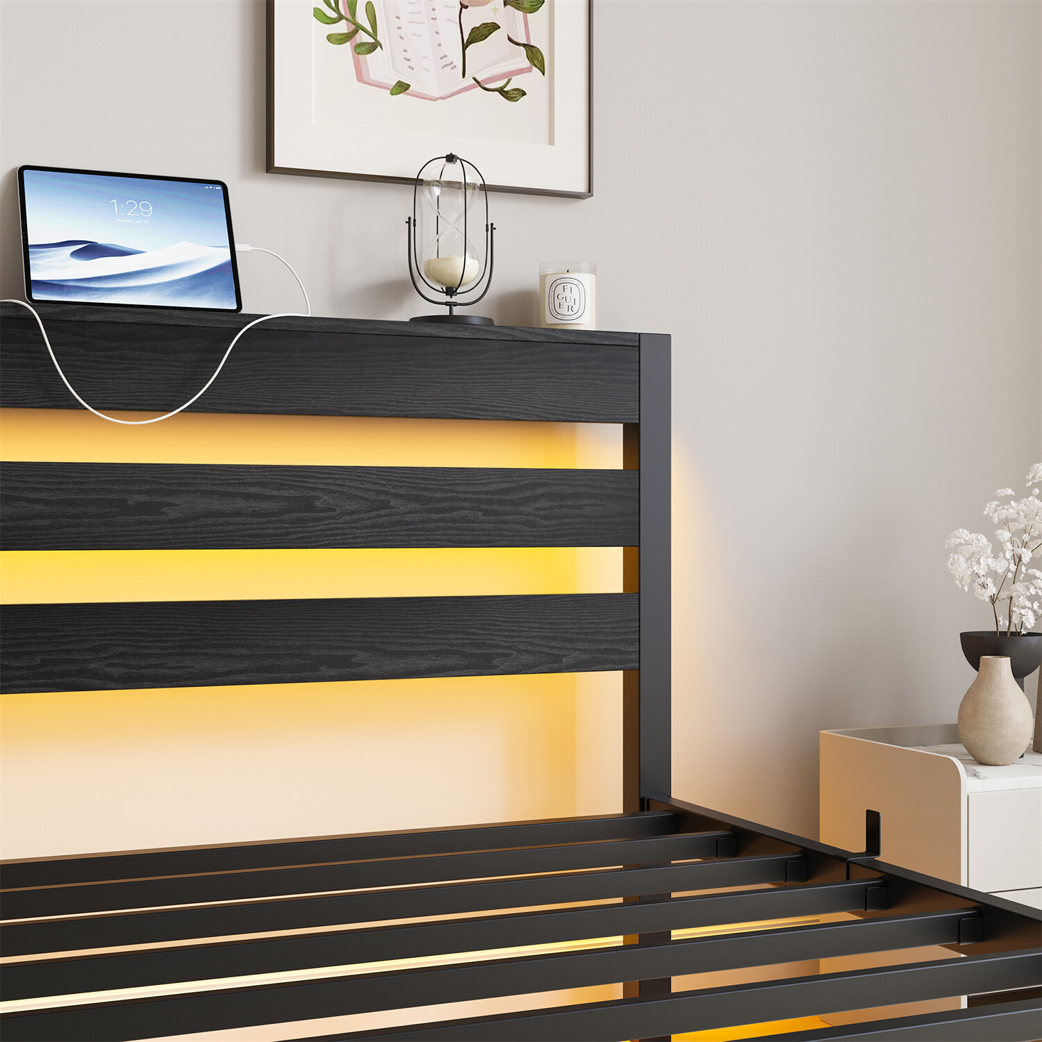 Twin Size Bed Frame Metal Platform Bed with LED Lights & Charging Station US