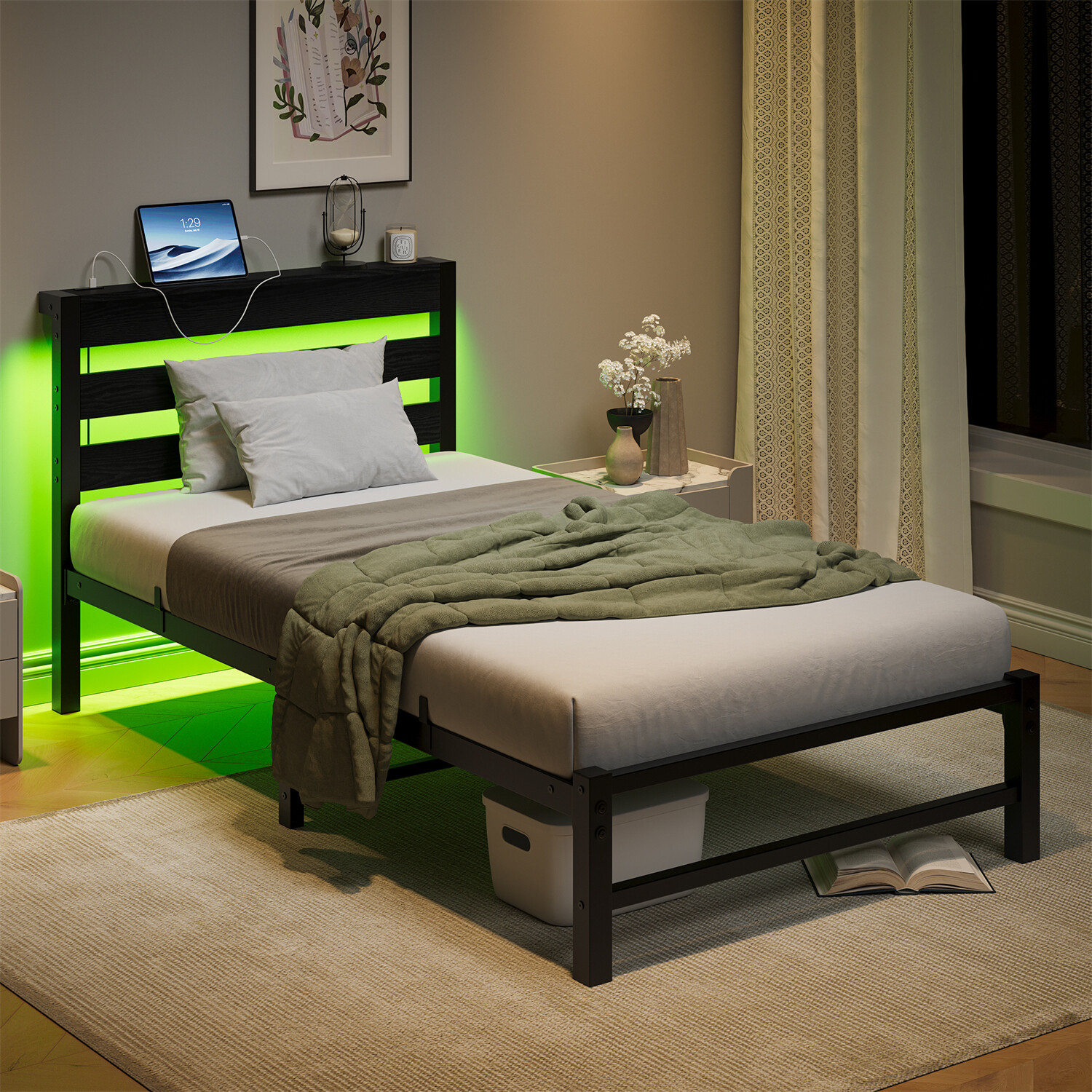 Twin Size Bed Frame Metal Platform Bed with LED Lights & Charging Station US