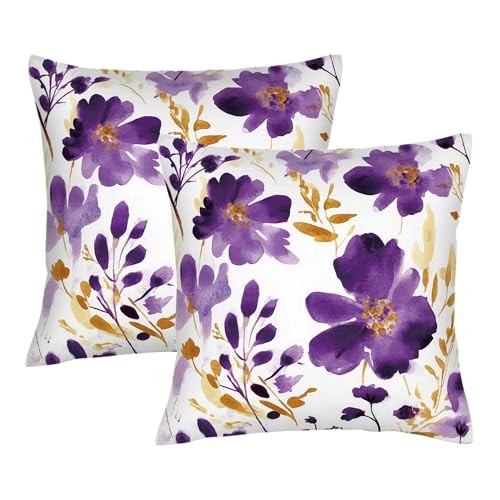 Purple Gold Watercolor Floral Throw Pillow 18" x 18" (Pack of 2) Purple Flower