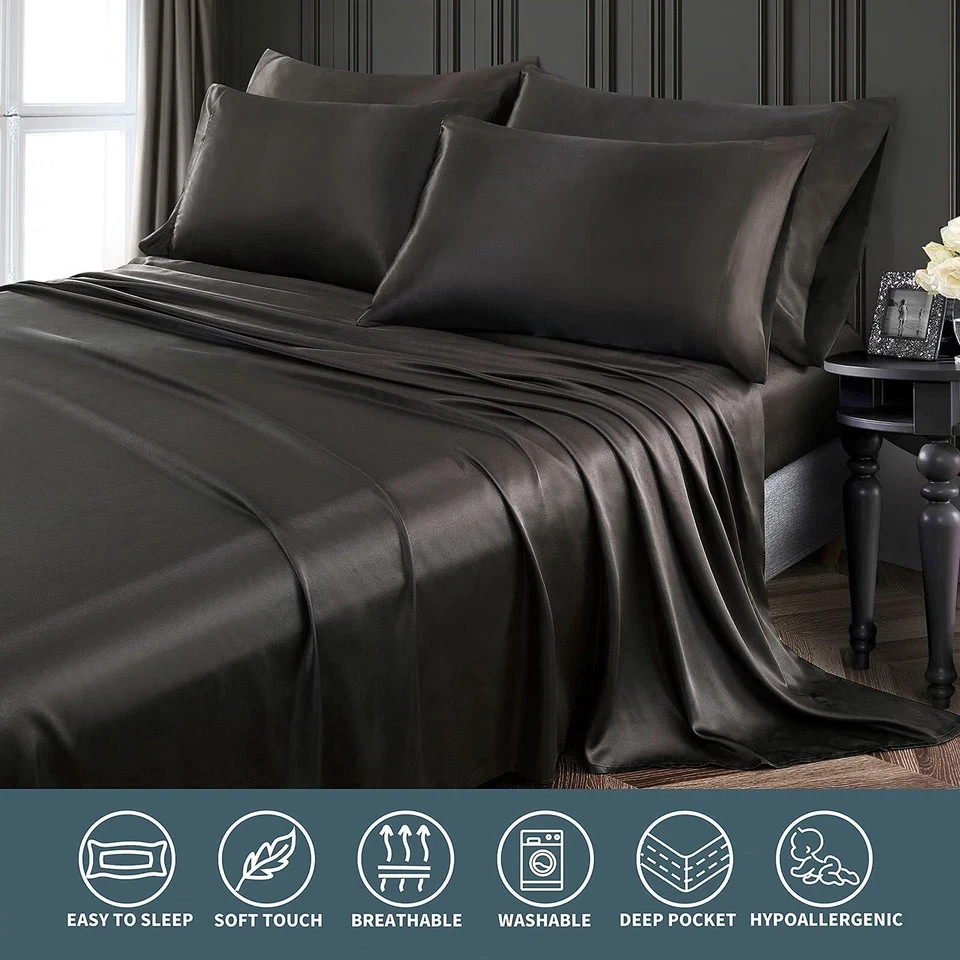 SATIN SHEETS Bedding Sheet Set Pillow Case Deep Pocket Queen Black 6-Pc POTHUINY