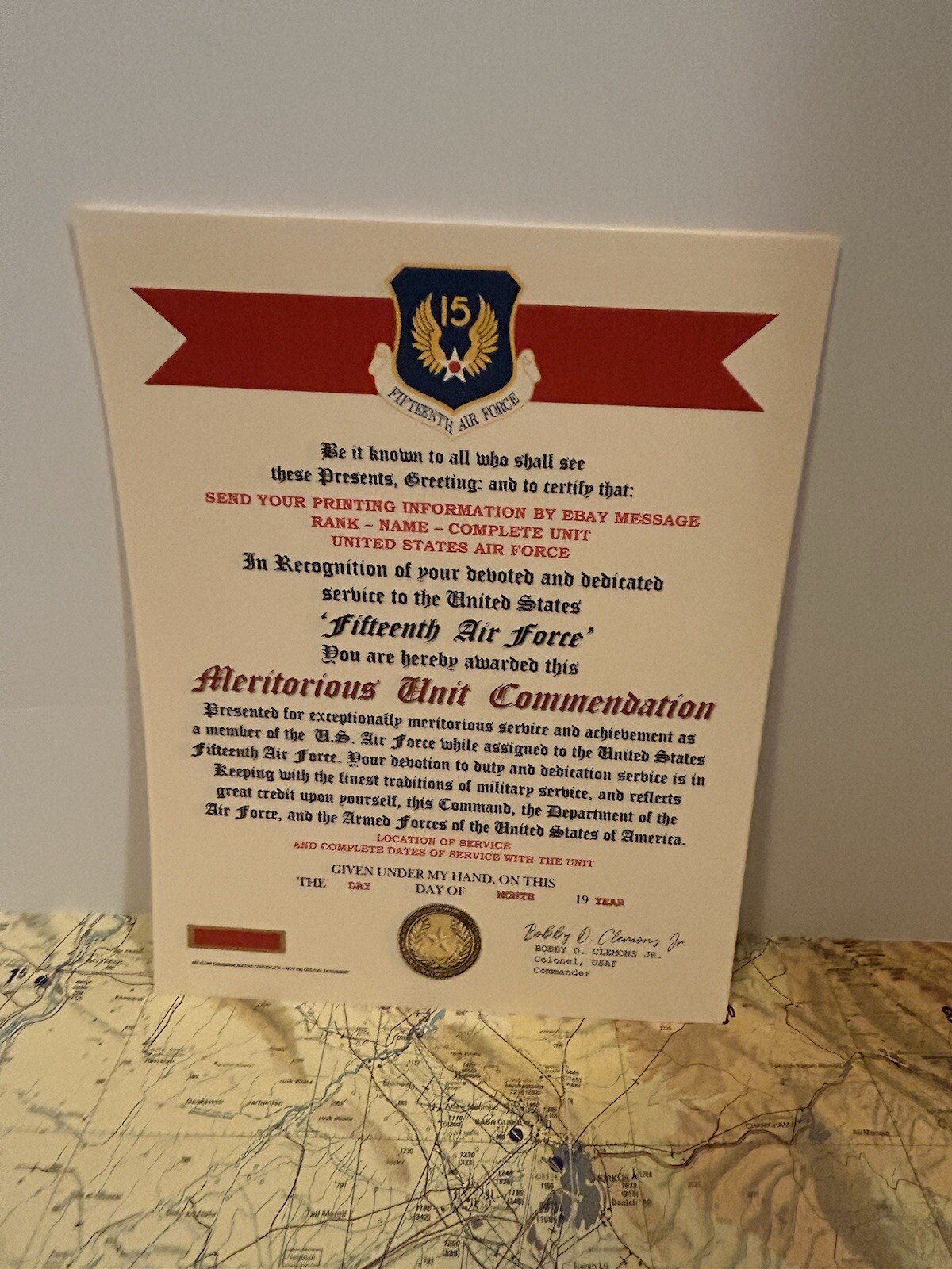 U.S. AIR FORCE / 15TH AIR FORCE - MERITORIOUS UNIT COMMENDATION CERTIFICATE