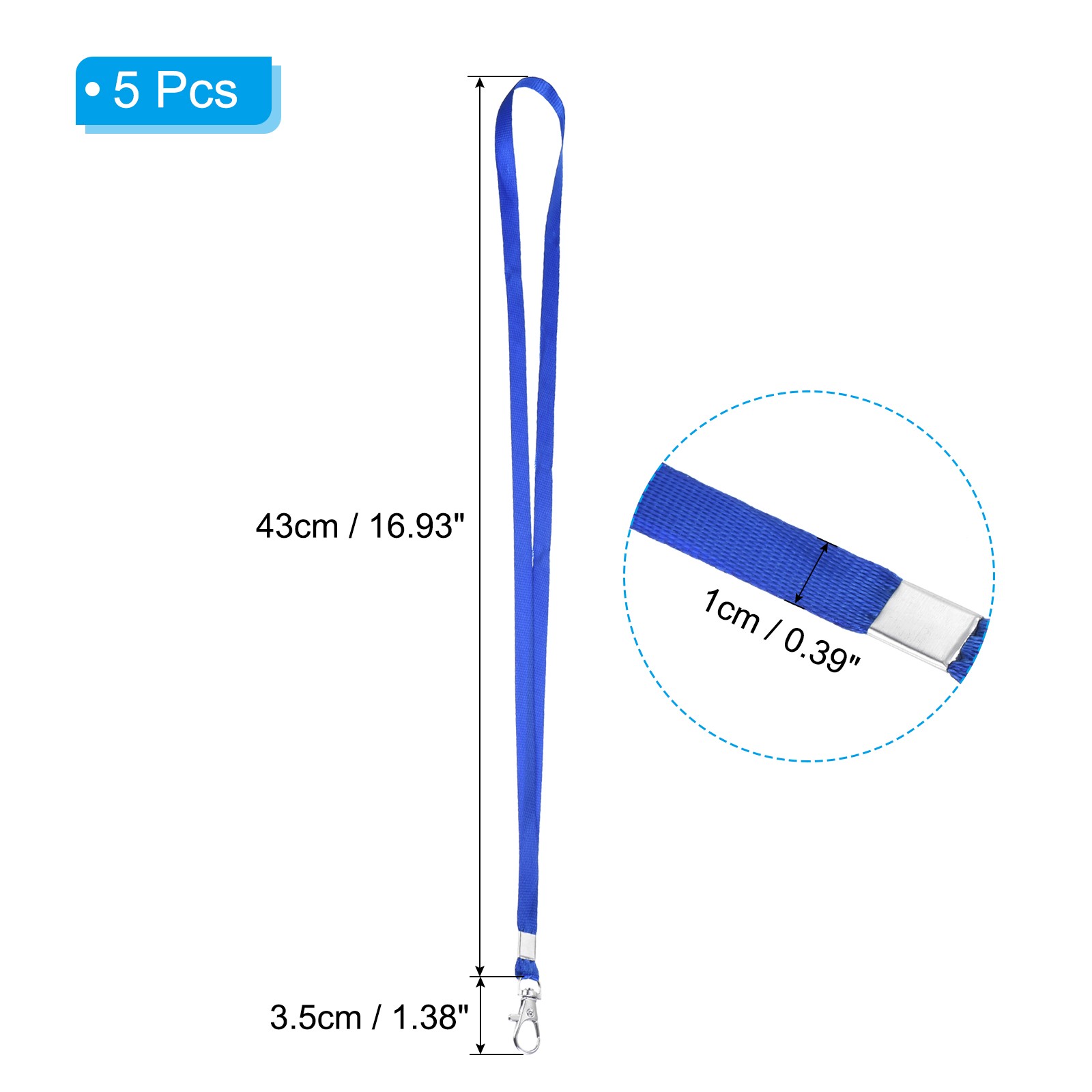 5Pcs 17" Lanyards with Swivel Hook, 0.4" Width, for Badges Holder, Blue