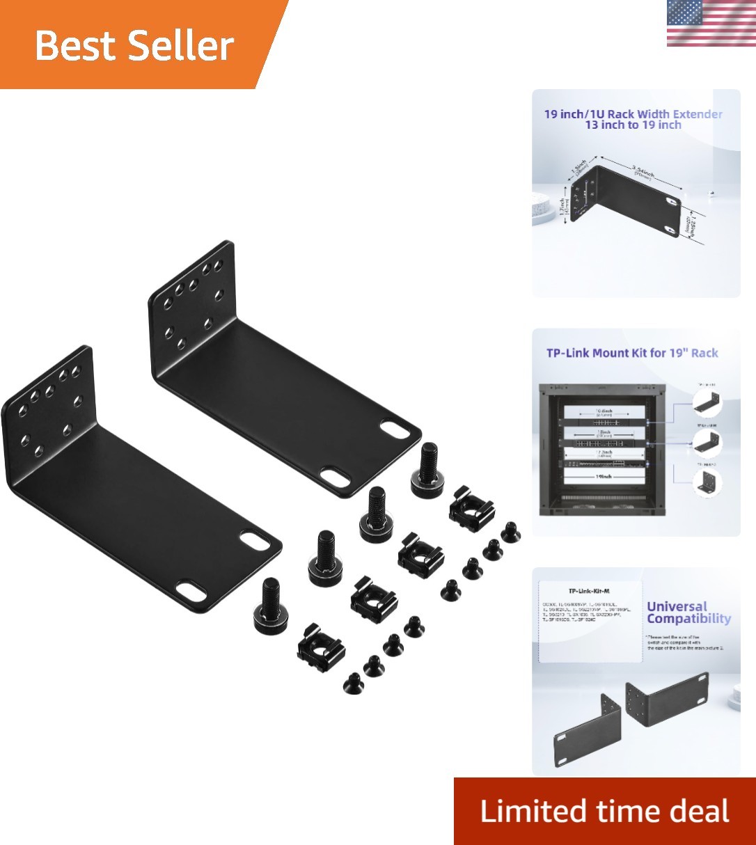 Versatile Rack Mount Ear Kit for TP-Link Switches - 1U Width 13 to 19 Inches