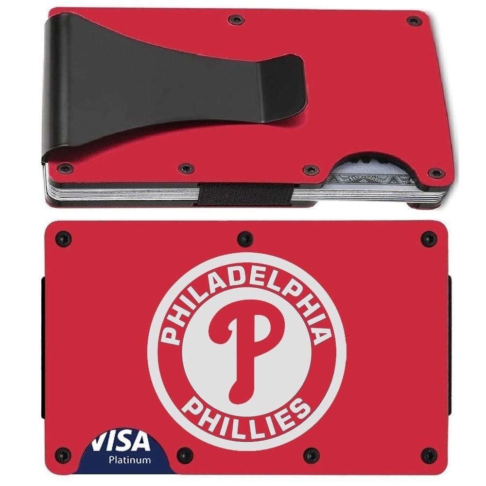 Philadelphia Phillies Engraved Red Titanium RFID Blocking Wallet w Clip D7