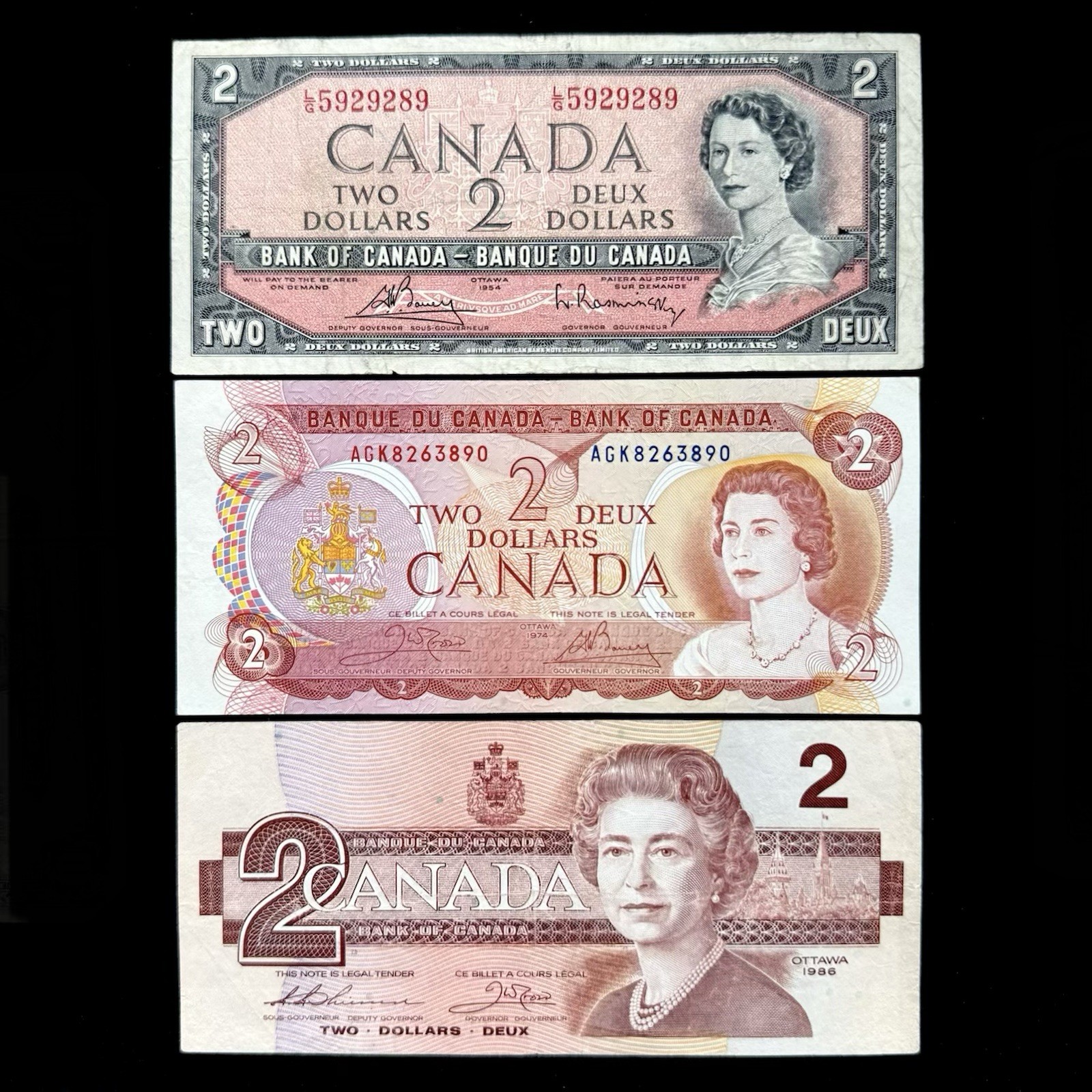 Canada 1954 1974 1986 Two 2 Dollar Paper Money Banknotes Well Used Beginners Set