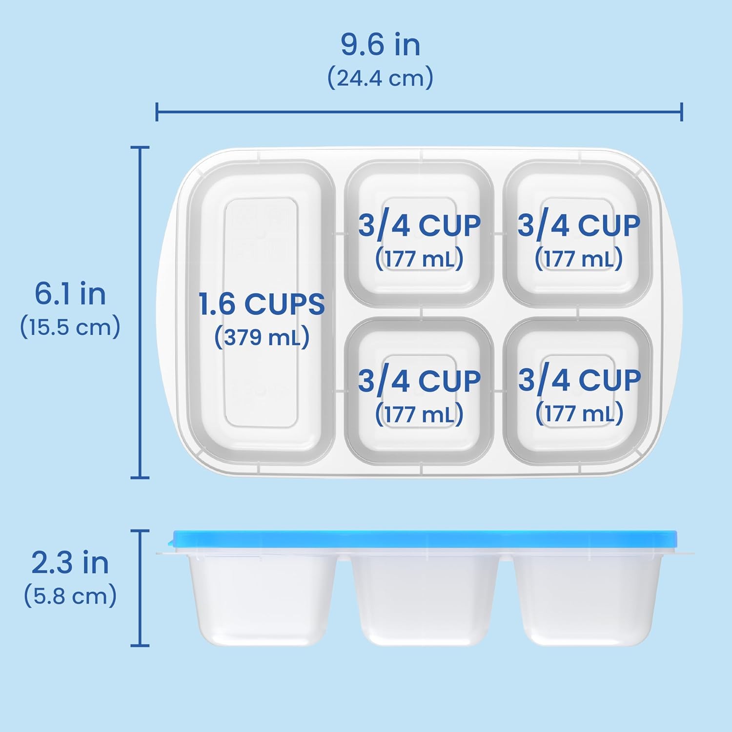 Reusable 5-Compartment Food Containers, Stackable 8-Piece Set, 4 Trays & 4 Lids