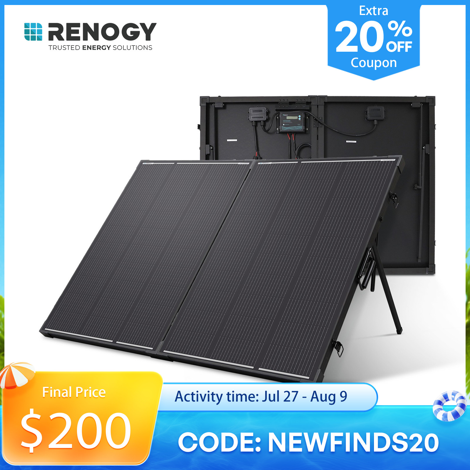 Renogy 200W 12V N-Type Portable Solar Panel Suitcase Kit with 20A PWM Controller