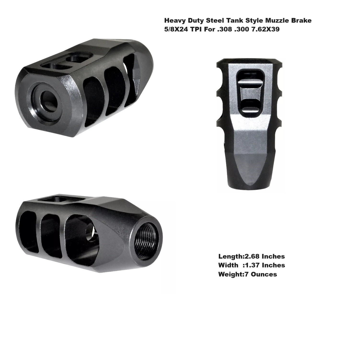 Heavy Duty Steel Tank Style Muzzle Brake 5/8X24 TPI For .308 .300 7.62X39