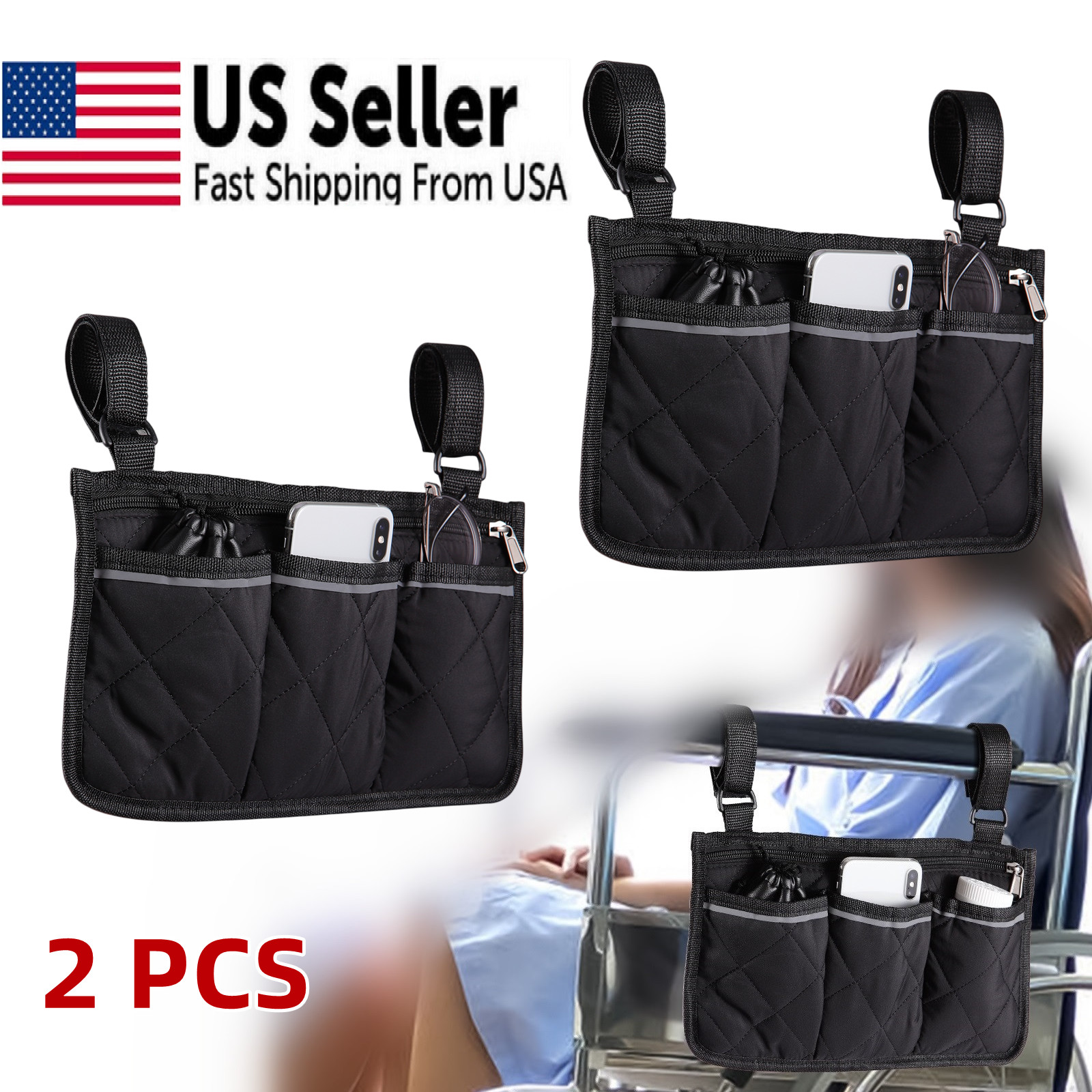 2-PACK Wheelchair Walker Side Pocket Organizer Armrest Storage Bag Holder Pouch