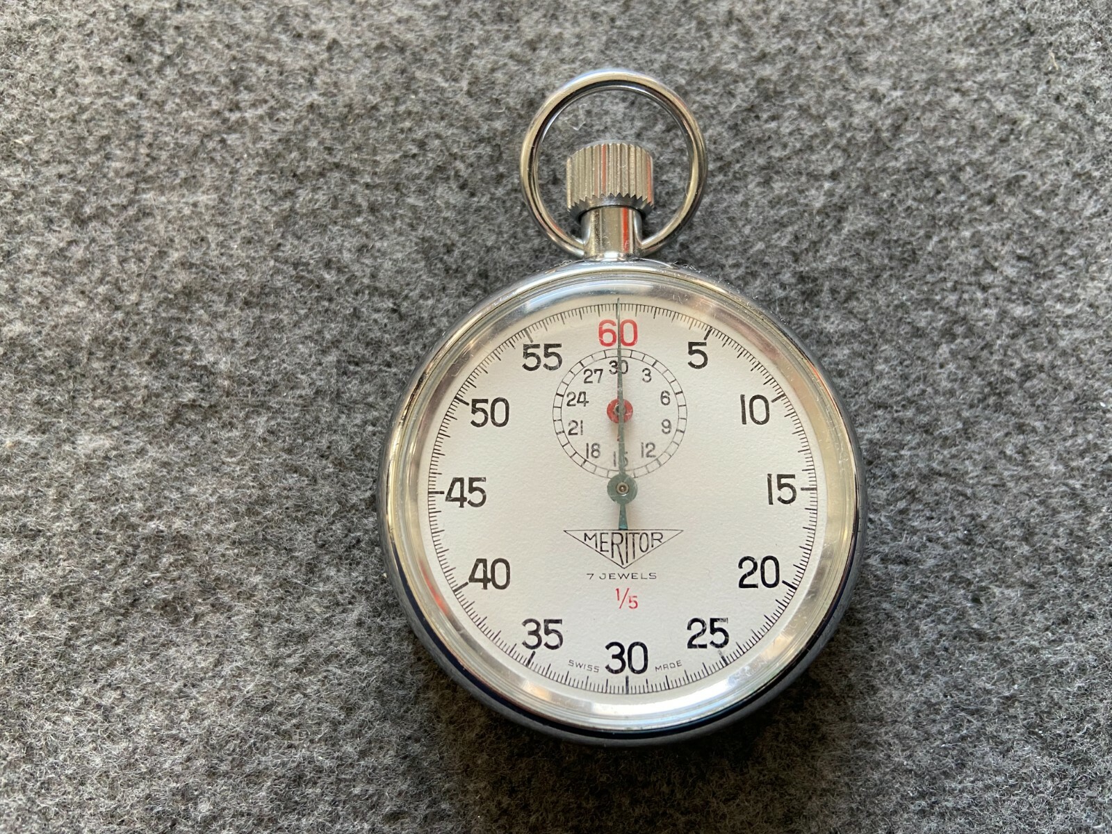 Swiss Made Meritor 7 Jewels Mechanical Wind Up 1/5 Vintage Stopwatch with Box