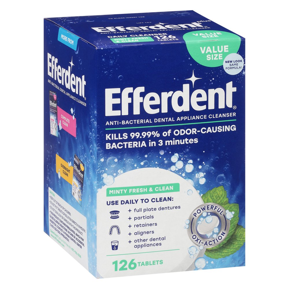 Efferdent Retainer & Denture Cleaner Tablets, Minty Fresh & Clean, 126 Count