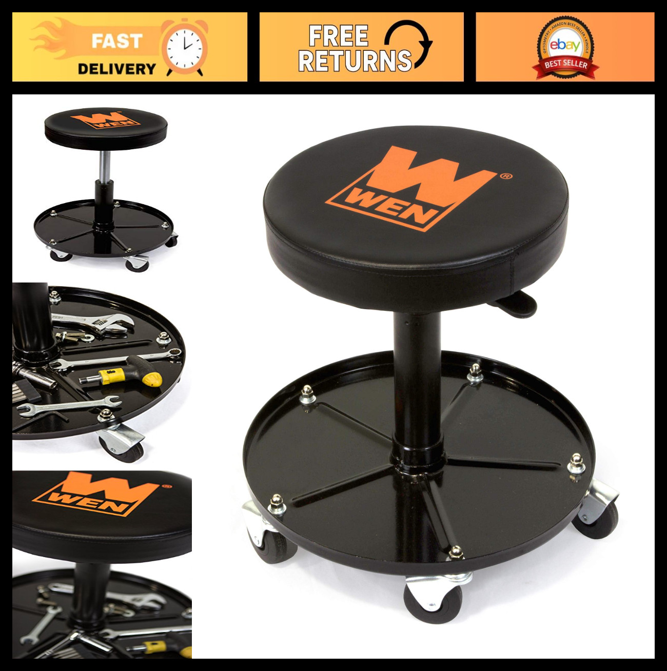 300 lb Capacity Pneumatic Rolling Mechanic Stool with Adjustable Height & Wheels