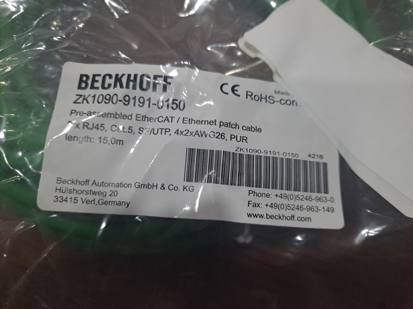 BECKHOFF ZK1090-9191-0150 Pre-assembled EtherCAT / Ethernet patch Cable 15M