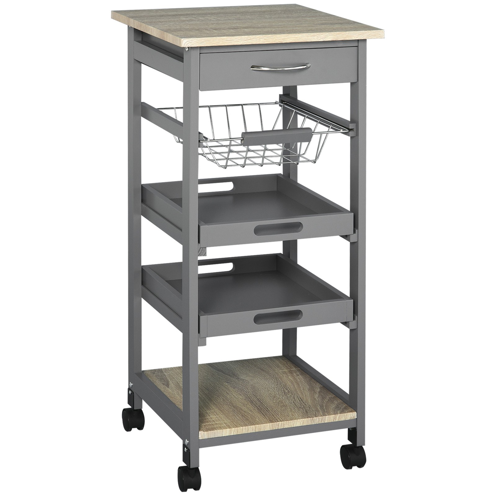 Mobile Kitchen Island Cart with Drawer Wire Basket Grey Serving Trolley