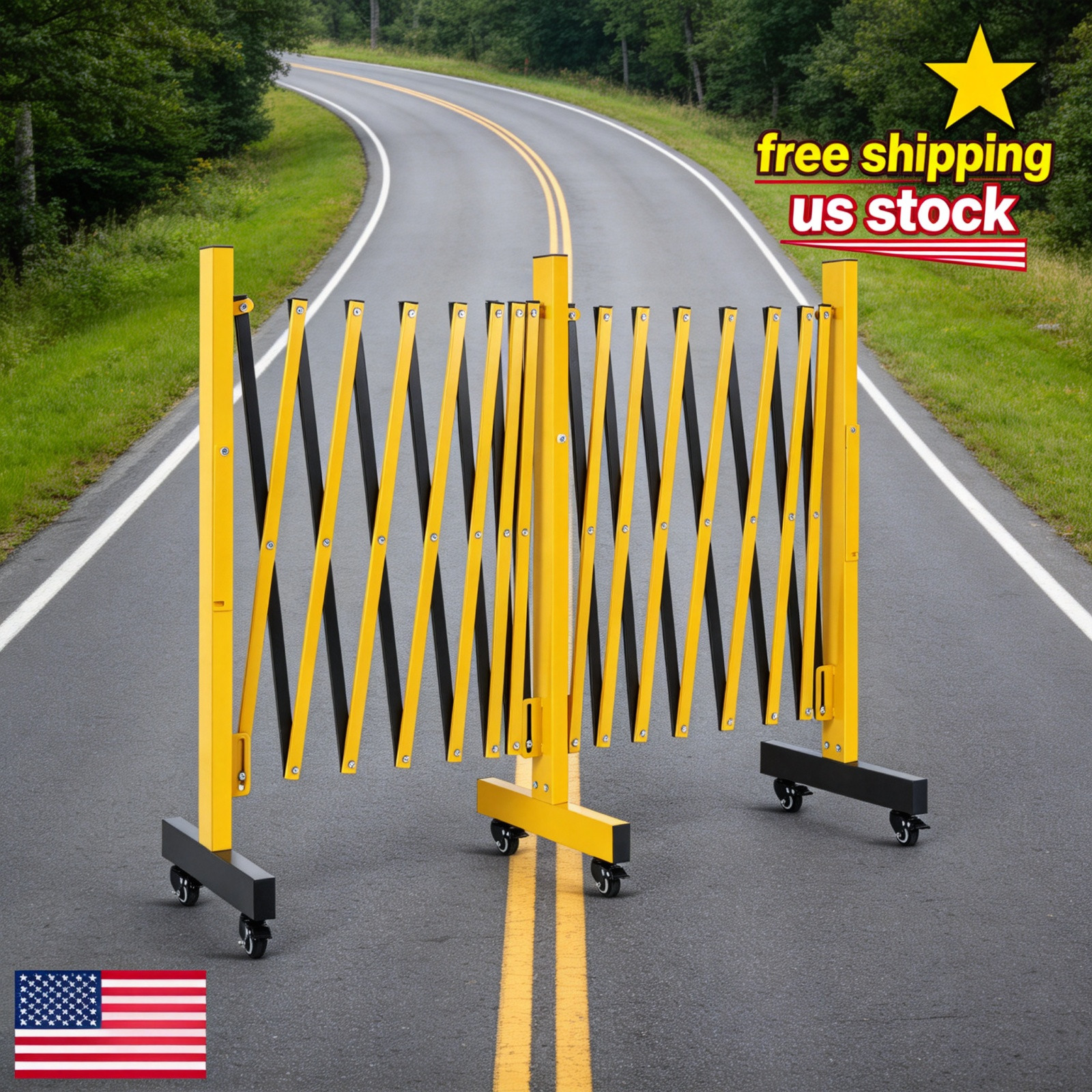 Barricade Gate Heavy-Duty Telescopic Steel Barrier with 6 Swivel Wheels 9FT -