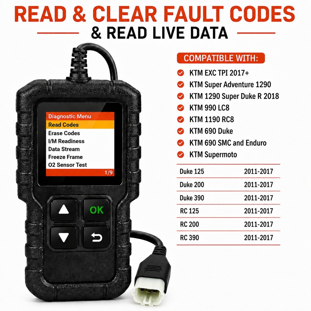 Fault code scanner diagnostic OBD2 tool for KTM DUKE - 690 990 1190 1290 125-390