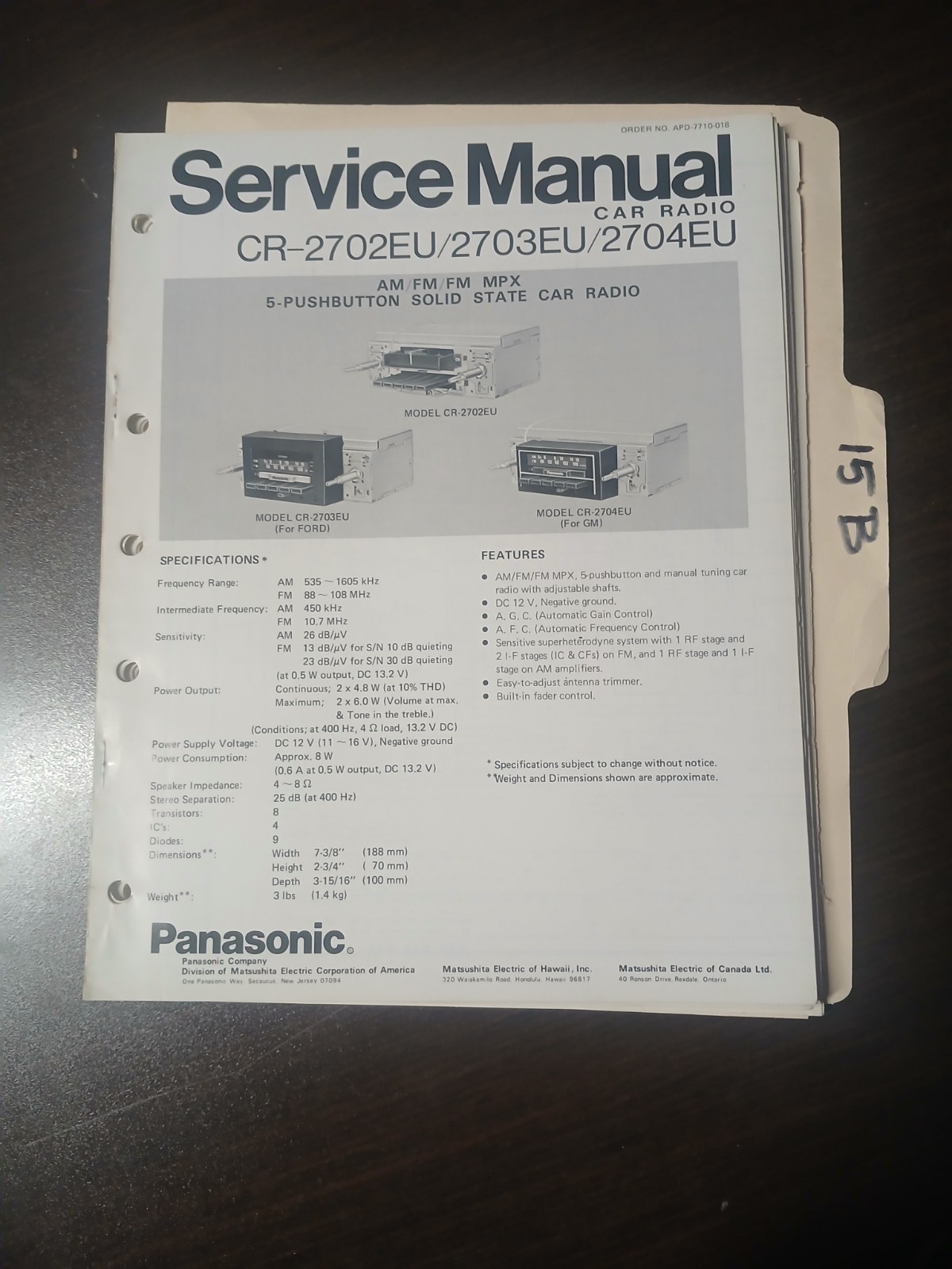 Panasonic CR 2702 EU 2703 EU 2704 EU Service Manual Original Repair Book Radio